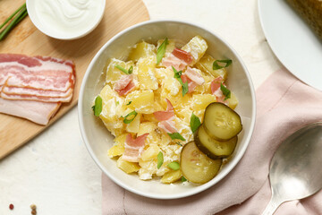 Bowl of tasty potato salad with bacon, green onion, sour cream and pickled cucumber slices on white background