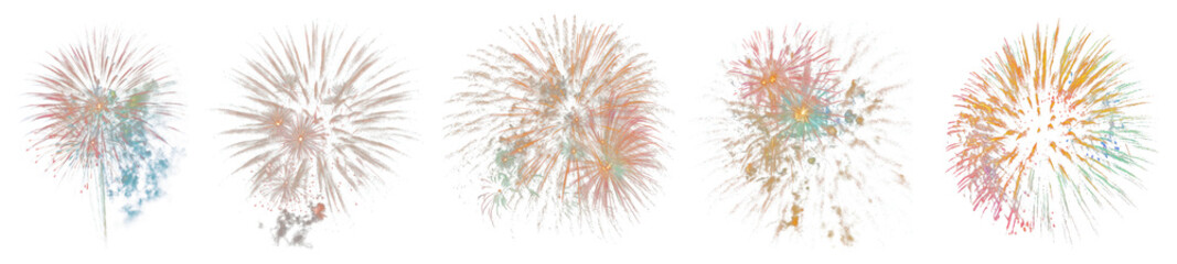 Fototapeta premium PNG Vibrant fireworks illuminate night sky, isolated element set, transparent background
