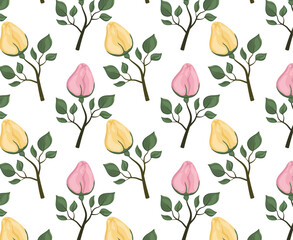 Watercolor pattern with pink and yellow  rose flower. Vector illustration. Wallpaper, background