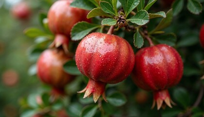Close-up of fresh pomegranates on tree branches in Turkey
