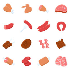 Meat and steak icon set. Fresh meat, boiled sausage, salami and chicken illustrations flat design