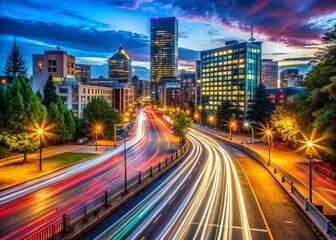 Obraz premium Panoramic Night Traffic Lights Portland Oregon Cityscape Long Exposure Photography