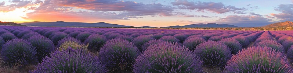 Obraz premium Scenic Lavender Field at Sunset Panoramic View