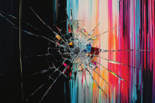 close up of a cracked smashed lcd tv screen with static. Cracked smart phone or tablet device