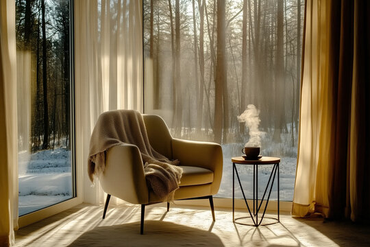 Cozy armchair by window with warm blanket and steaming cup in sunlit room. Generative Ai