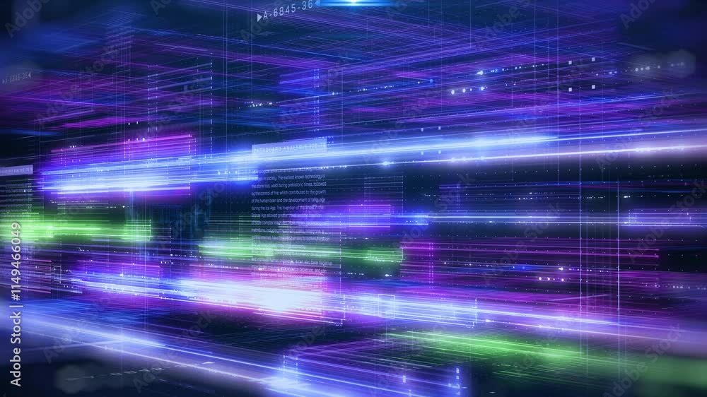 Poster Technology digital grid line hologram big data vertical landscape view concept. HUD UI system hologram, ai construction 4K motion background