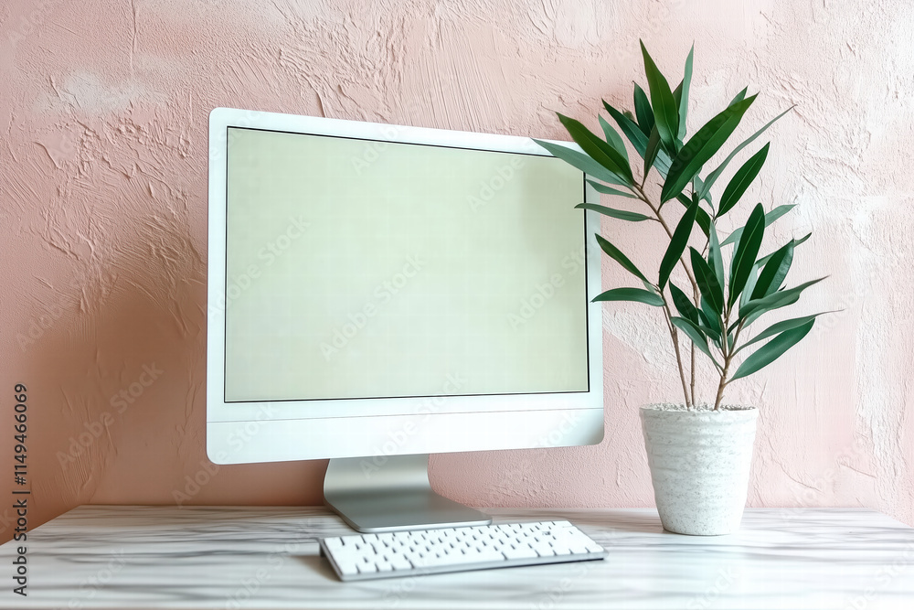 Poster modern computer setup with sleek monitor and keyboard on marble desk. generative ai