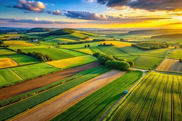 Drone Photography: Aerial View of Lush Agricultural Fields, Countryside Farmlands, Rural Scenery, Harvesting Season