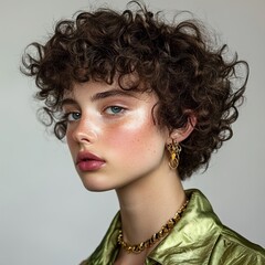 Portrait of a Young Woman with Curly Hair and Gold Jewelry