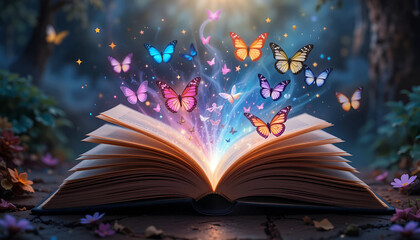 "Open Book with Colorful Butterflies Flying Out, Representing Imagination and Fantasy, Perfect for Literature-Themed Creative Backgrounds and Mystical Art Concepts"