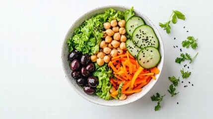 Healthy Vegetarian Salad Bowl with Chickpeas, Carrots, Cucumbers, and Olives