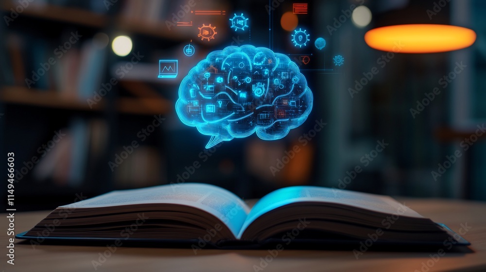 Poster glowing brain image above open book, knowledge concept.