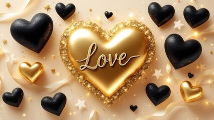 Obraz premium Golden and Black Hearts with Love Text and Glittering Background