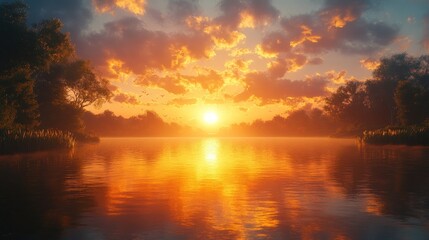 Obraz premium Fiery sunset over calm lake, birds flying.