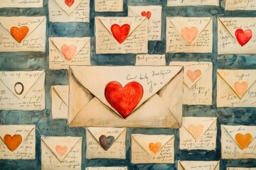 Many lovely handwritten romantic letters with hearts expressing affection