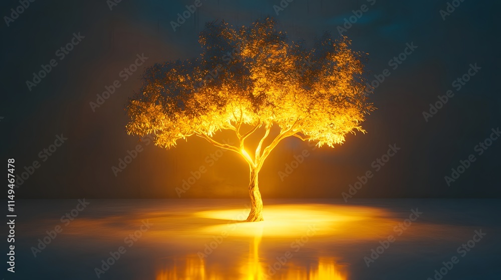 Poster glowing golden tree in dark setting