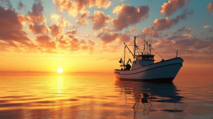 Fototapeta premium trawler fishing boat on calm ocean at sunset