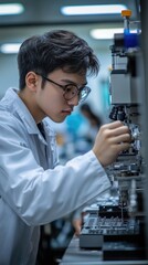 Scientist working with precision equipment in laboratory setting