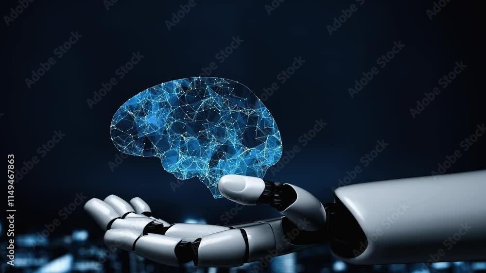 Poster futuristic robot artificial intelligence enlightening ai technology development and machine learning