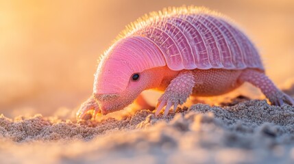 A pink fairy armadillo burrowing into sandy soil, its delicate pink shell contrasting with the golden-brown sand. Tiny grains of earth scatter around its tiny claws as it digs, showcasing its unique a
