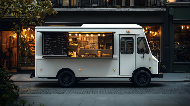 A white food truck parked on a city street, showcasing its menu and serving area.