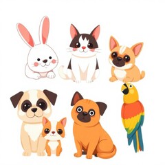 Fototapeta premium Vector illustration set of charming pets, featuring a variety of cats, dogs, birds, and small mammals. 