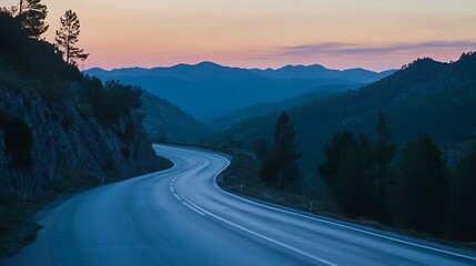 Winding Road Through Mountain Landscape At Sunset