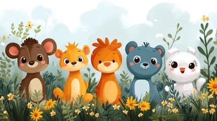Obraz premium Five adorable animal friends in a flower garden.