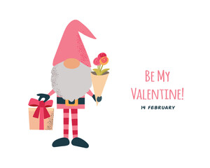 Valentines funny card banner poster illustration with gnome with gifts