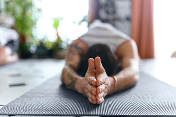Person, hands and yoga of meditation at house for holistic fitness, spiritual healing and...