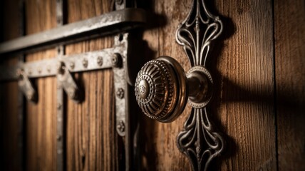 Fototapeta premium Ornate Metal Door Knob on Wooden Door