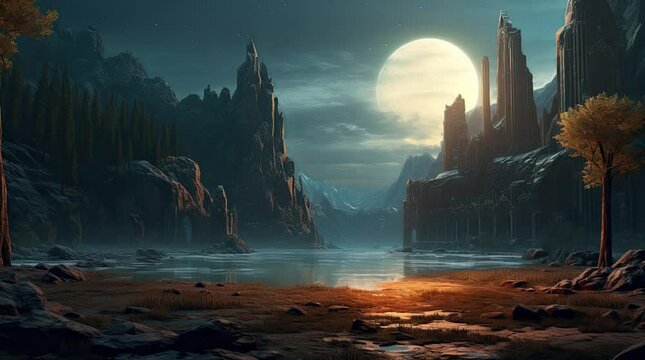 A natural landscape with a supermoon and a large pond in the evening. 4k animated video