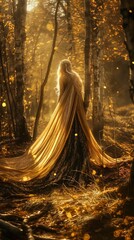 A serene scene depicting a woman standing amidst an autumn forest, her long golden hair cascading over her shoulders. She wears an elegant gown with a sparkling gold cape that flows gracefully behind 