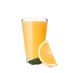 Glass of tasty orange juice with slice and leaf on white background
