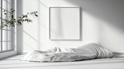 Minimalist White Bedroom Interior with Empty Frame Mockup