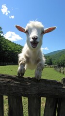 Obraz premium A cheerful goat leaning over a wooden fence in a sunny, green landscape.