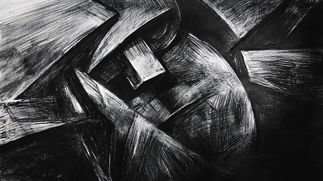 Artistic charcoal strokes form a compelling abstract piece, highlighting textures and contrasts on textured paper, with light and shadow interplay that enhances depth and evokes viewer interpretation.