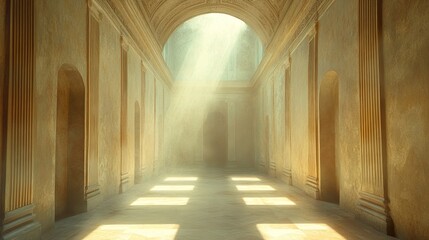 Obraz premium Sunlit Golden Hallway: Majestic Palace Interior Architecture