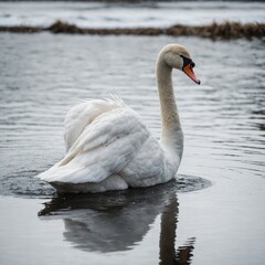 Fototapeta premium A single swan standing on the edge of a waterbank, its feathers pristine and glossy, with a white background.