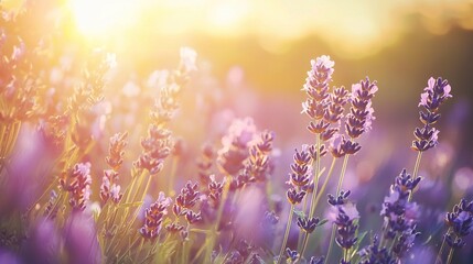 Naklejka premium A vibrant lavender field features endless rows of fragrant purple blooms gently swaying in the breeze, ideal for nature enthusiasts and photography lovers.