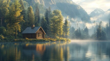 Fototapeta premium Secluded log cabin by tranquil lake, mountains.