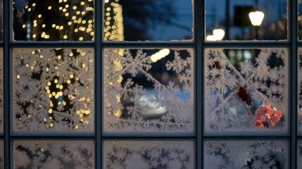 Fototapeta premium Frosty Winter Window Pane Lights And Decorations