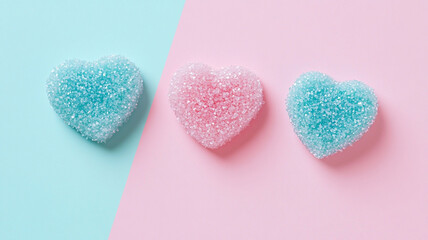 Three sugar coated heart shaped candies in pastel blue and pink colors are arranged on split background, creating sweet and romantic Valentine Day theme