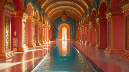 Obraz premium Opulent Palace Corridor with Reflecting Pool: A Dreamlike Interior