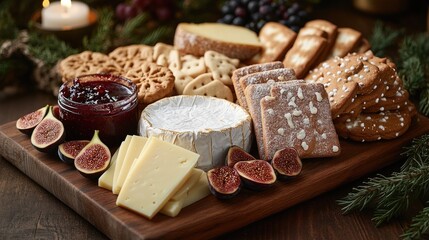 Delicious cheese board with cookies, jam and herbs displayed on wooden platter