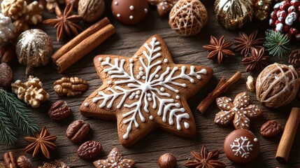 Fototapeta premium Christmas Gingerbread Cookies and Spices on Rustic Wooden Background