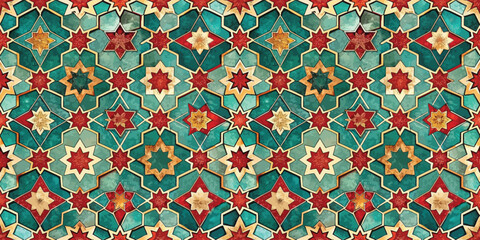 Intricate geometric patterns in vibrant hues create a stunning decorative tile design with rich colors and stunning symmetry.