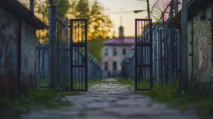 Open gate leading to mysterious pathway at sunset