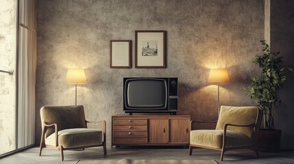 Retro living room with two velvet armchairs, an antique black-and-white TV, and a soft glow from mid-century modern lamps
