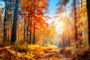 Obraz premium Autumn Forest: A Serene Pathway Through Vibrant Trees Bathed in Golden Sunlight, Capturing the Beauty of Nature in Fall